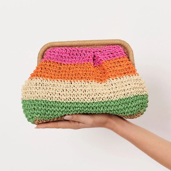 Multi Stripe Paper Weave Clutch with colourful stripes in pink, orange, natural and green.