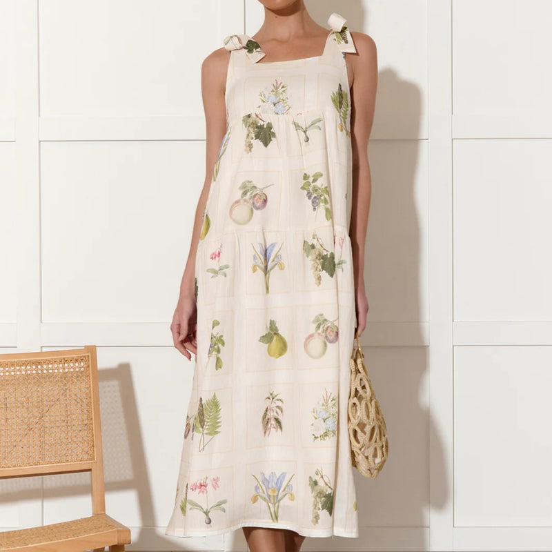 the print features lavender, pear, apples and other floral prints.