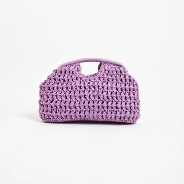This oversize clutch has a lilac paper raffia weave detail and a curved frame.
