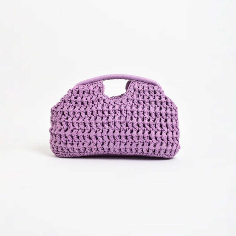 This oversize clutch has a lilac paper raffia weave detail and a curved frame.