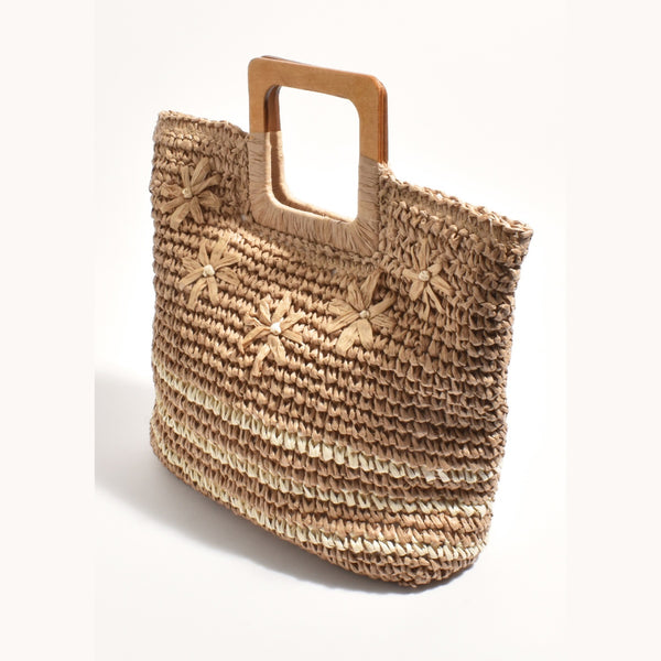 Paper Daisies Woven Tote Bag in a camel and natural colour