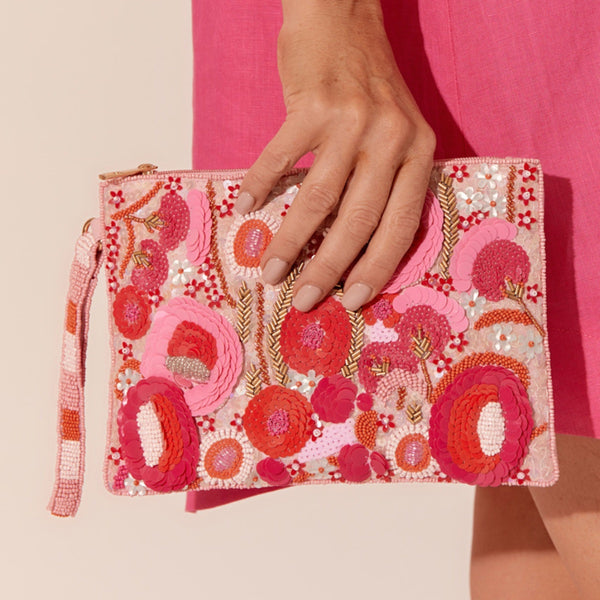 Pastel Perfection Sequin Zip Clutch with a floral bead and sequin pattern on the front