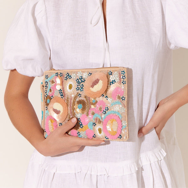 Pastel Perfection Clutch with a gorgeous floral sequin and bead front