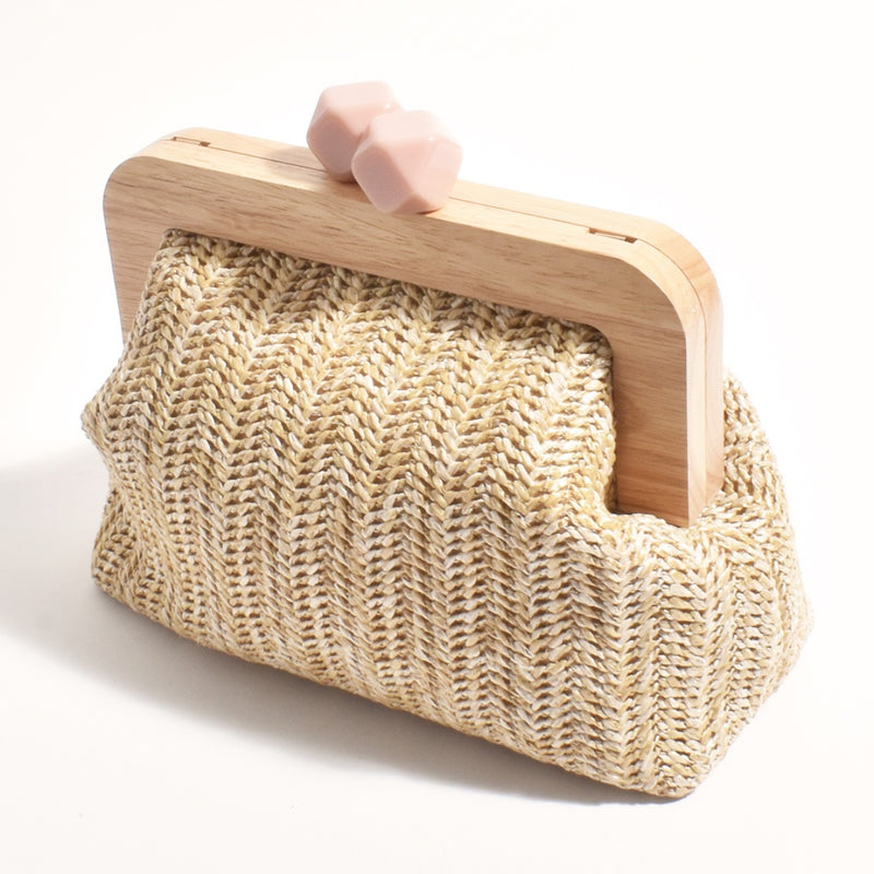 Peachy Woven Timber Frame Clutch in a neutral colour