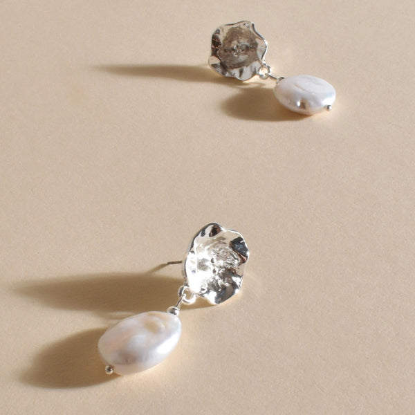 Pearl Drop Flower Top Earrings in silver