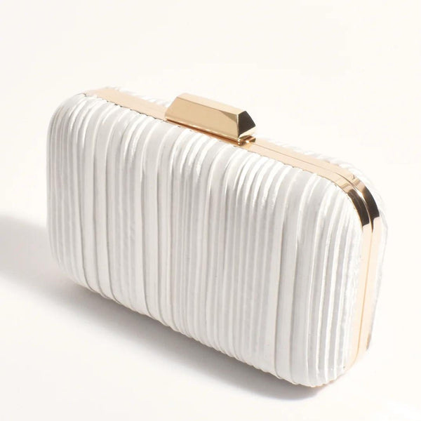 This clutch has a pearly white pleated fabric