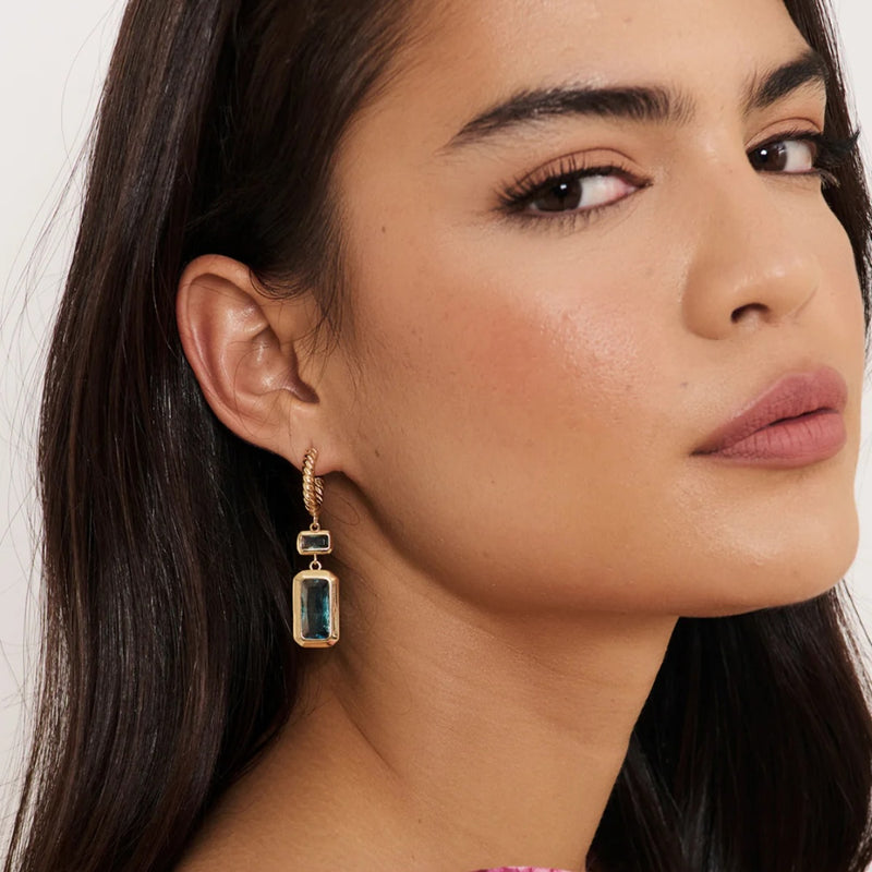 Rectangle Jewel Drop Twist Hoops in teal and gold.
