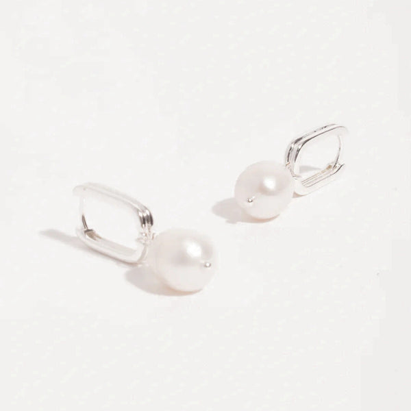 Rectangle Link Pearl Drop Earrings in silver.