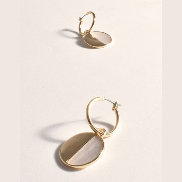 Resin Half Metal Hoop Earrings in gold with a removable circular disc with a gold and pearlesque shapes