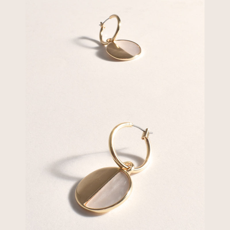 Resin Half Metal Hoop Earrings in gold with a removable circular disc with a gold and pearlesque shapes