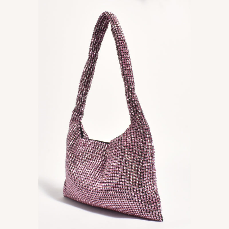 This pink crystal shoulder bag is compact and will fit all your essentials