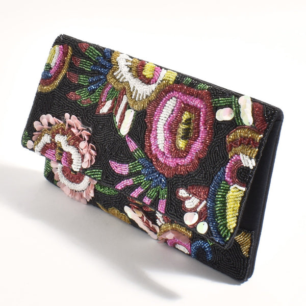 Rio Floral Beaded Statement Clutch with a black background and a brightly coloured floral bead and sequin detail.