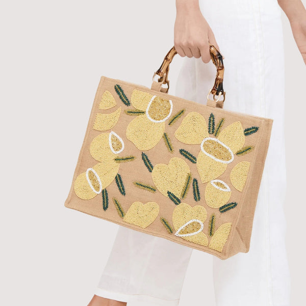 Sandie Beaded Lemon Tote in a natural hessian material