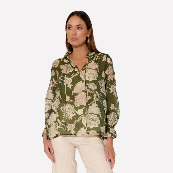 Sandra Floral Top in a green and cream print