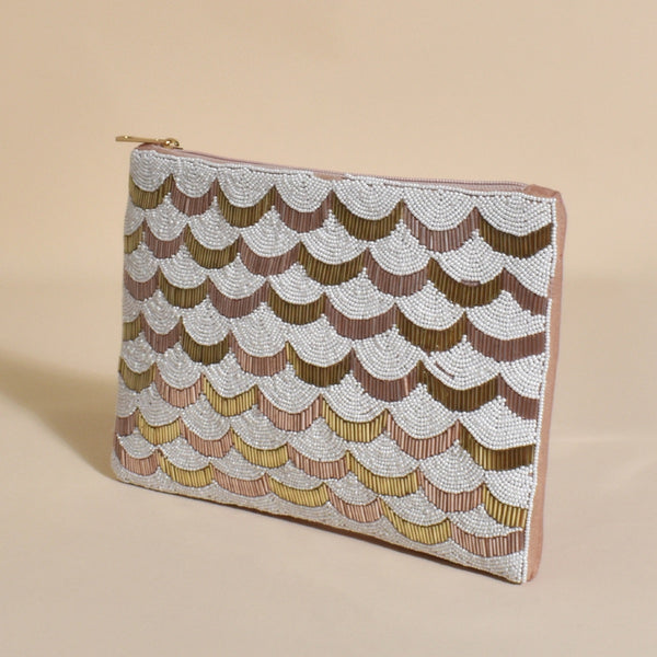 Scalloped Sequin Zip Clutch (White & Gold)