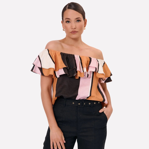 Our Serena Linen Frill Top has bold stripes in pink, white, rust and a very deep chocolate brown.