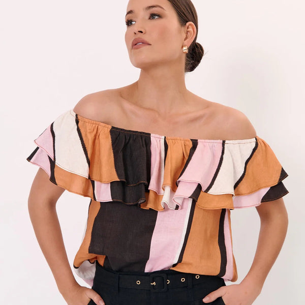 The top has an elasticated neckline which can be worn off the shoulder and it has a double frill panel across the neckline.