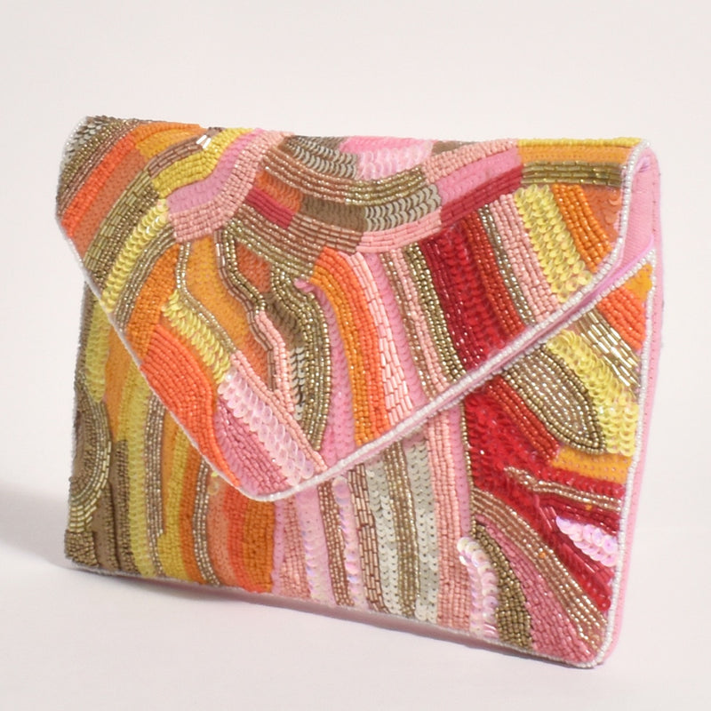 Sicilian Spring Beaded Fold Over Clutch with colours in orange, pink, gold, white and yellow