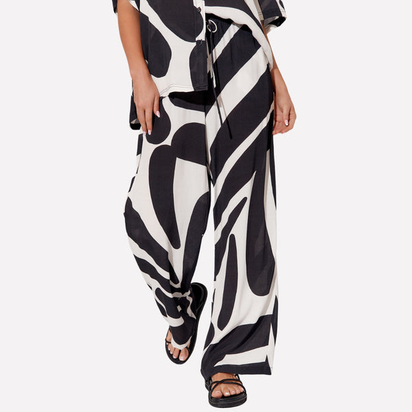 Our Stevie Pants have a relaxed leg with a bold black and white print