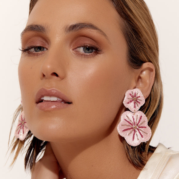 Stitched Floral Earrings in Pink with pink and silver bead details