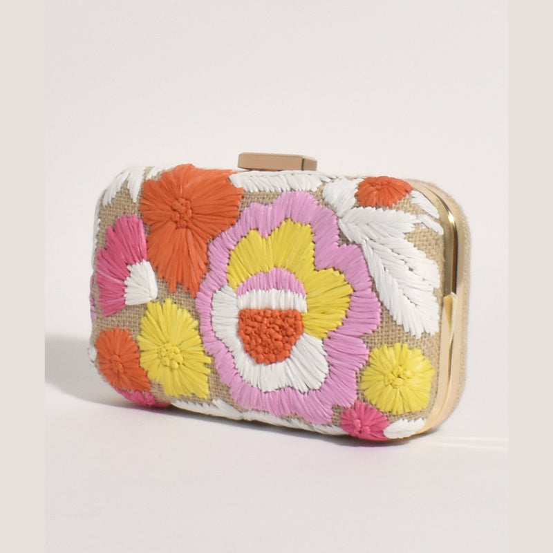 This floral clutch has lovely stitched detailing in white, orange, pink and yellow