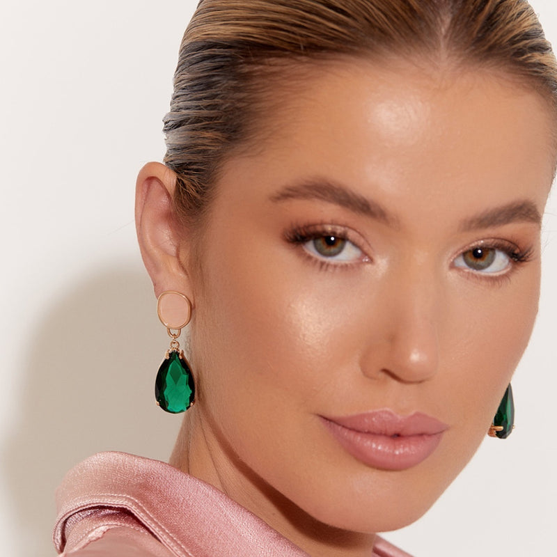 Model wearing our Stone and Glass Drop Earrings in Pink and Green