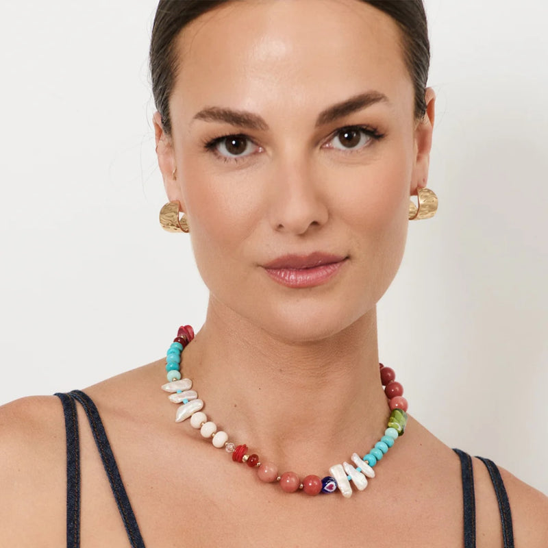 Model wearing our Summer Mix Bead Necklace with a mix of stones, beads and shells.