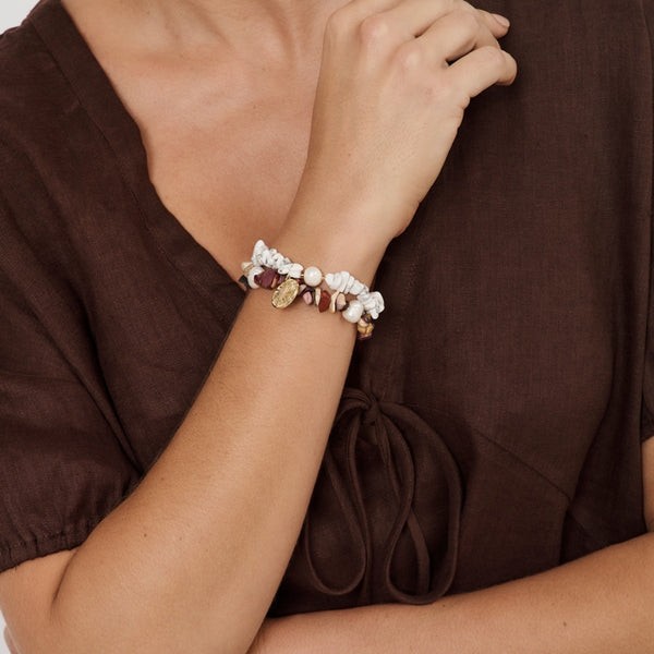 Sun Charm Stone Chip Pearl Stretch Bracelet Set