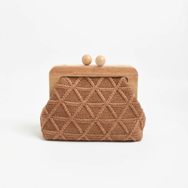 Tara Diamond Weave Timber Frame Clutch in a camel colour.