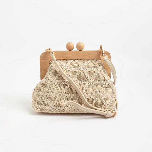 Tara Diamond Weave Timber Frame Clutch (Natural)