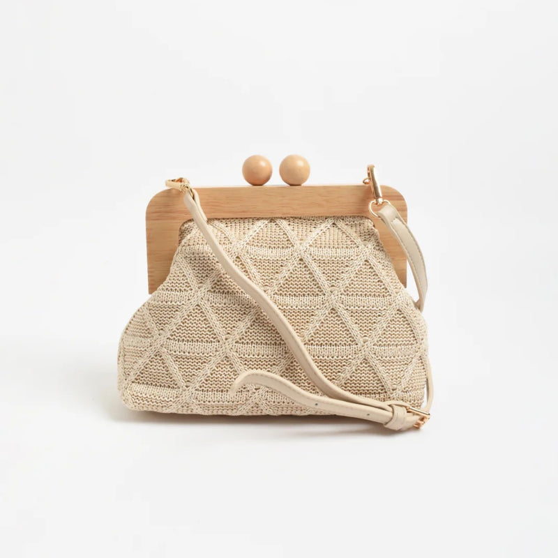 Tara Diamond Weave Timber Frame Clutch (Natural)