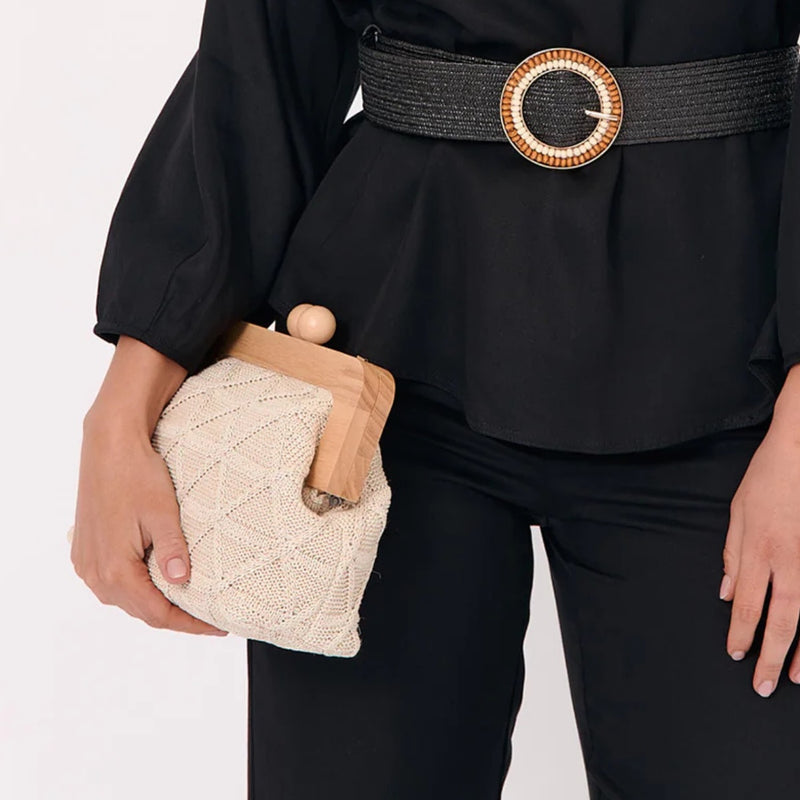 Tara Diamond Weave Timber Frame Clutch (Natural)