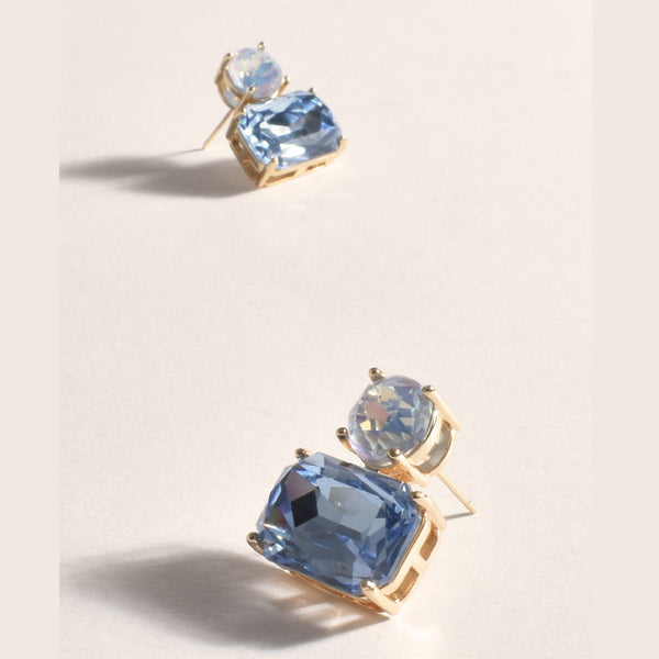 Two Tone Jewel Drop Earrings with a light blue stud and darker blue glass jewel drop