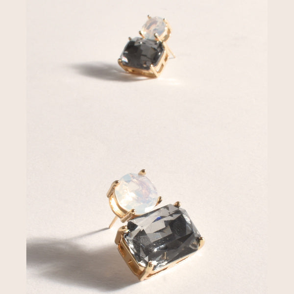 These small drop stud earrings have glass coloured jewels in opal and smoke