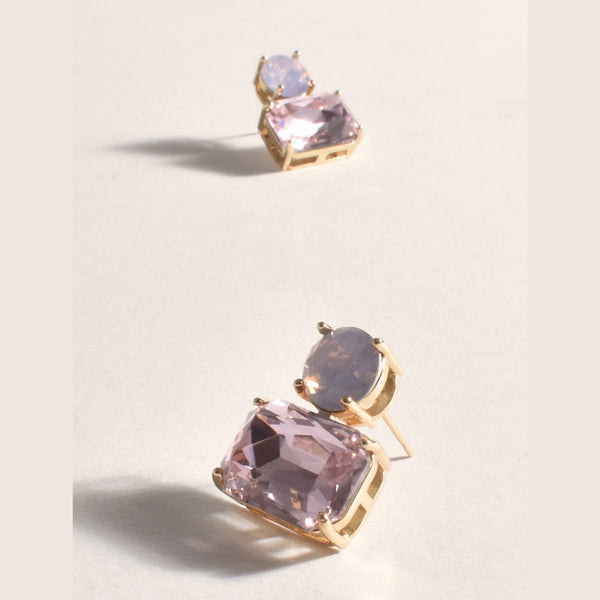 Two Tone Jewel Drop Earrings with an opal coloured stud and pink glass drop