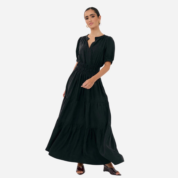 This black maxi dress has a full tiered skirt.