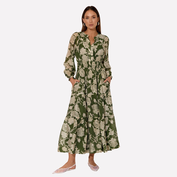 Violette Floral Maxi Dress in a green and cream floral print