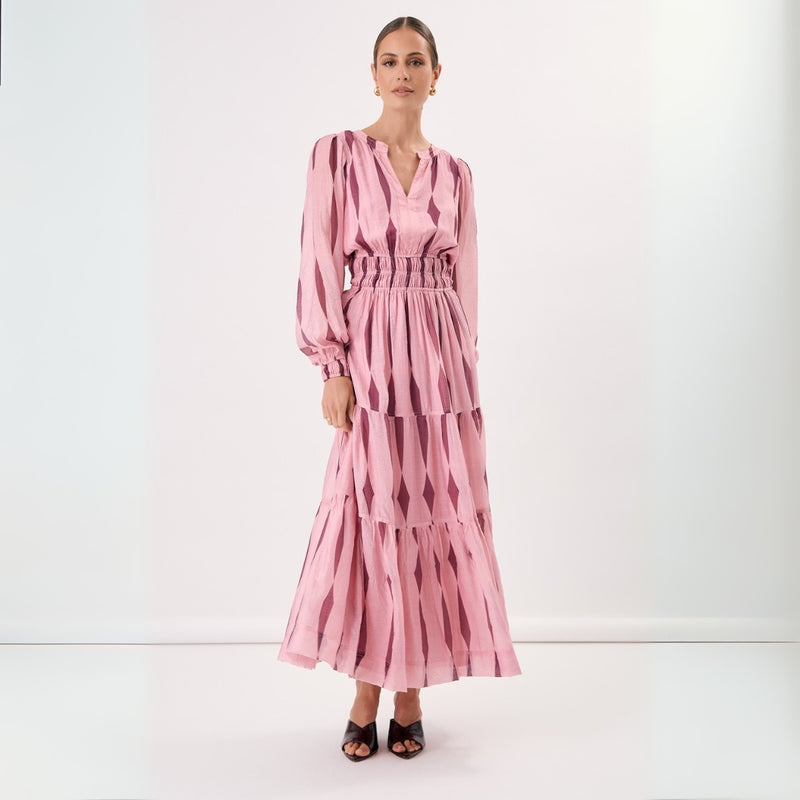 Violette San Lorenzo Maxi Dress in a pink and burgundy print
