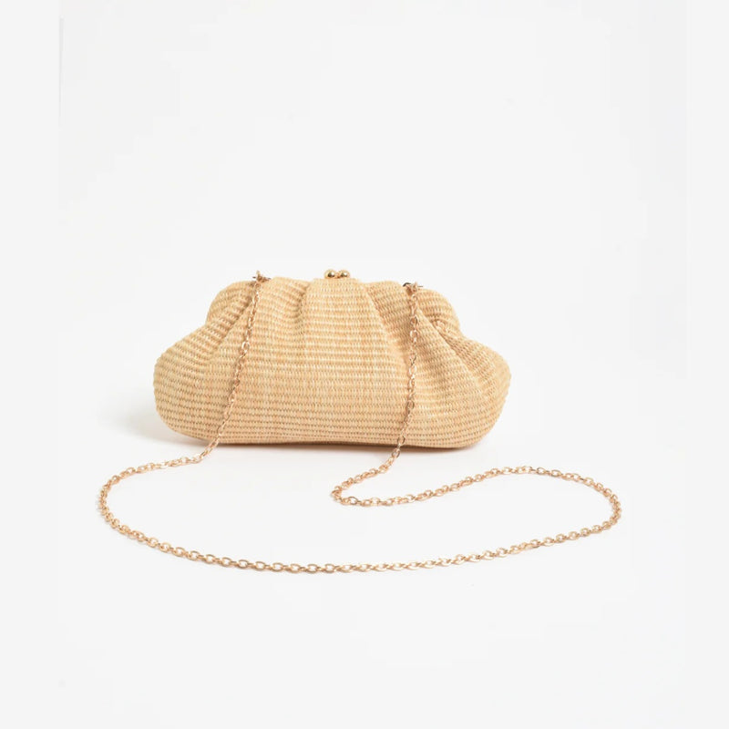Weave Gathered Clutch in Natural. This clutch has a detachable gold chain shoulder strap.