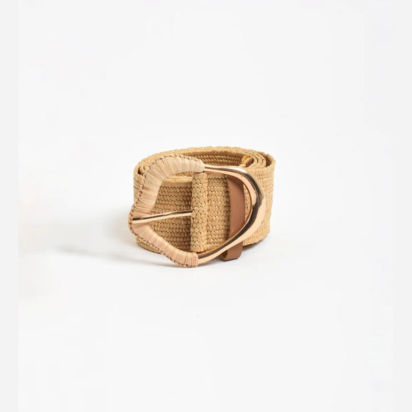 Wrapped Buckle Stretch Belt in Camel and Gold.