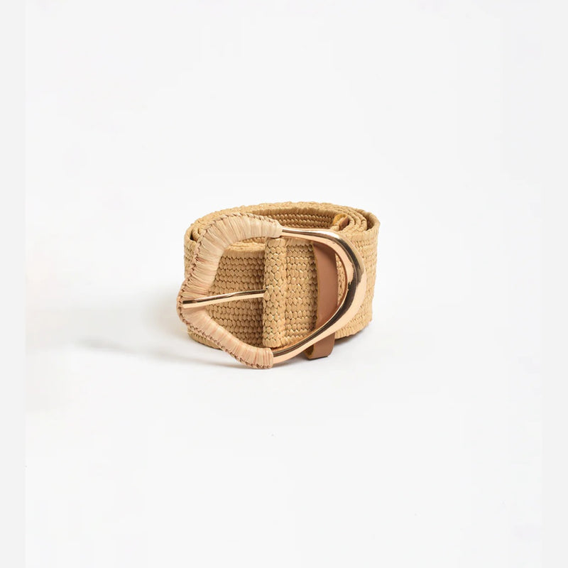 Wrapped Buckle Stretch Belt in Camel and Gold.