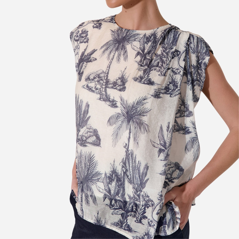 Yara Toile Print Top (Cream/Navy)