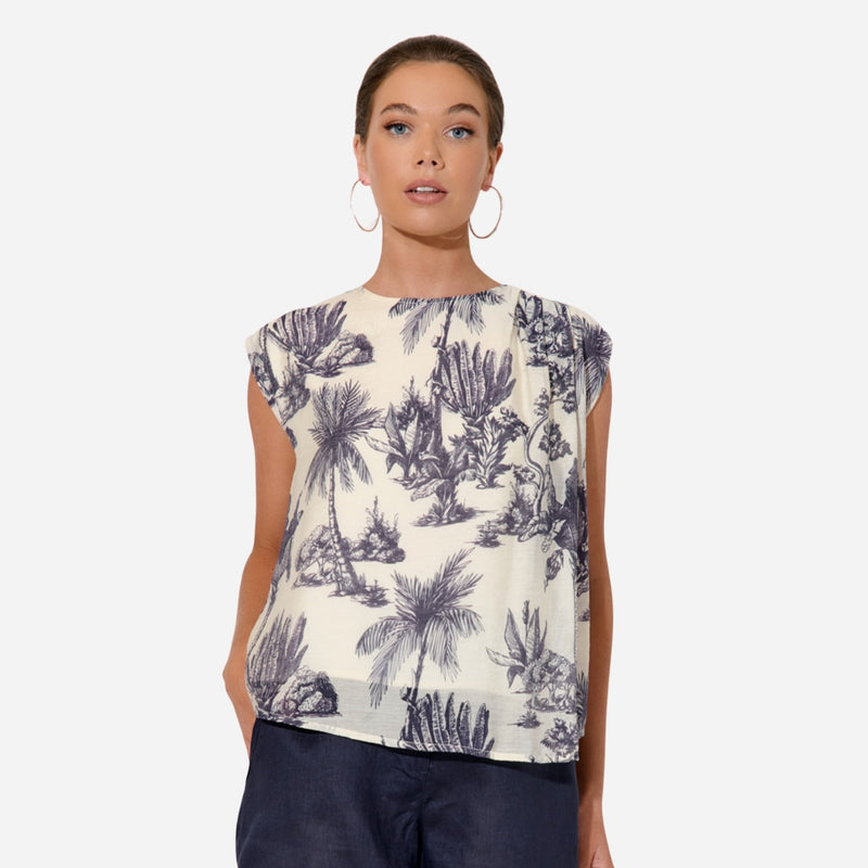 Yara Toile Print Top (Cream/Navy)