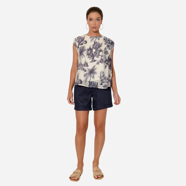 Yara Toile Print Top (Cream/Navy)