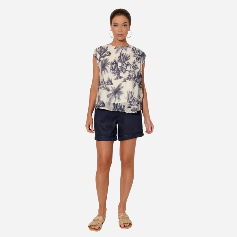 Yara Toile Print Top (Cream/Navy)