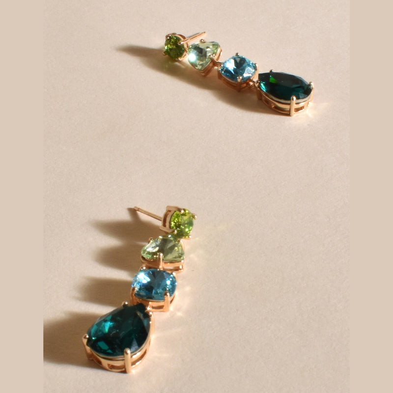 Zahra Jewel Drop Earrings with a mix of green and blue crystal drops