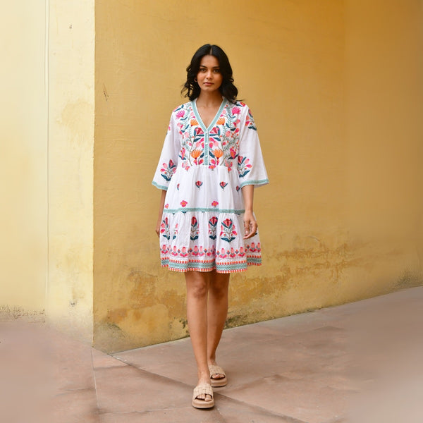 Hummingbird Embroidered Swing Dress by Azure & Indigo