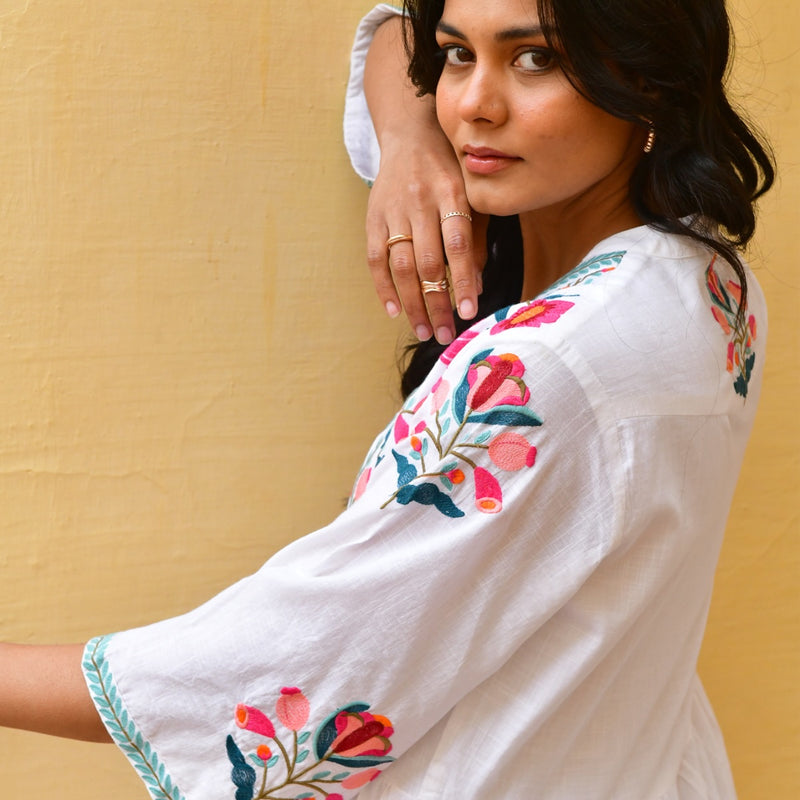 Showcasing the embroidery detail on the sleeve.