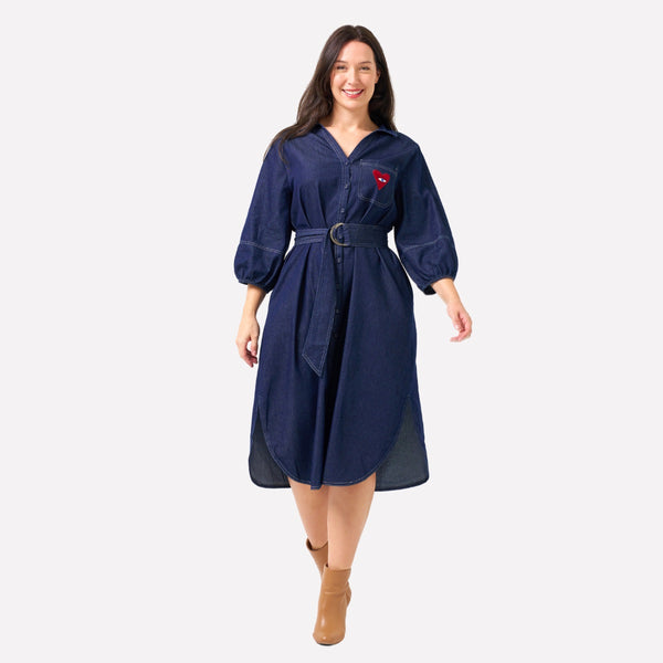 Jodea Denim Dress in a dark blue colour, features a button front, 3/4 length sleeves and a curved hem