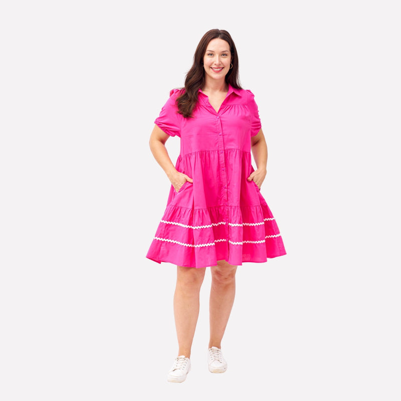 Our Nancy Shirt Dress is available in a fuchsia pink